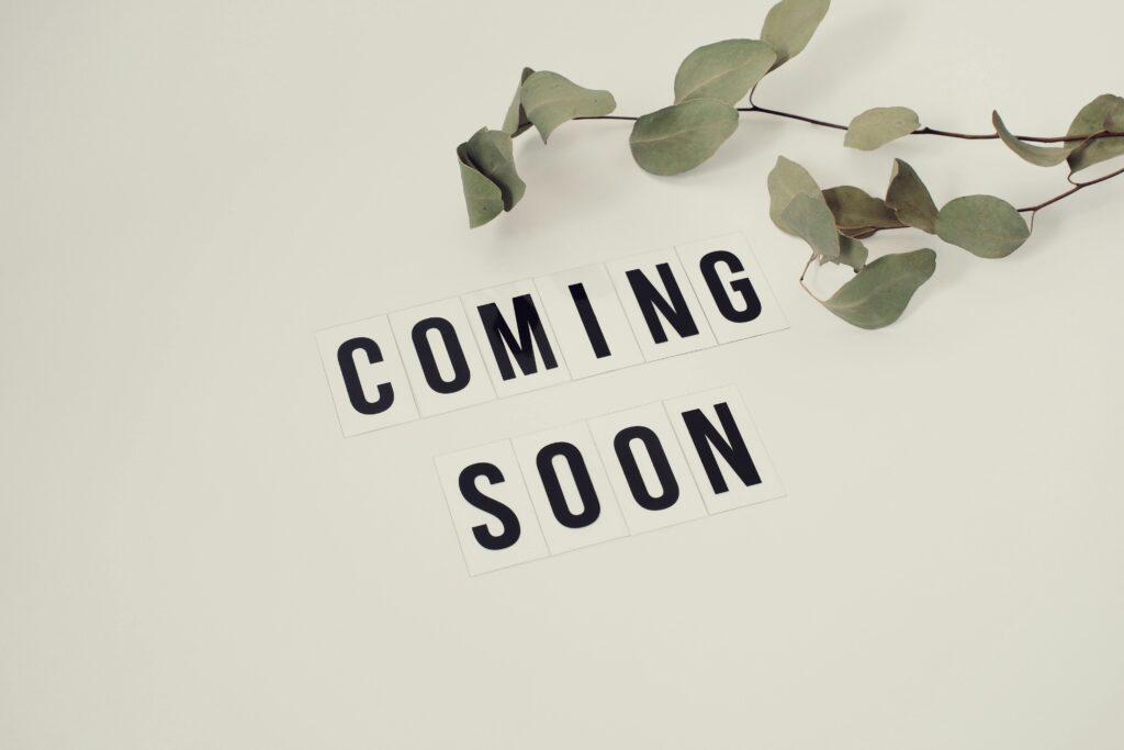 Home Eucalyptus branch with 'Coming Soon' message on white background for announcements.